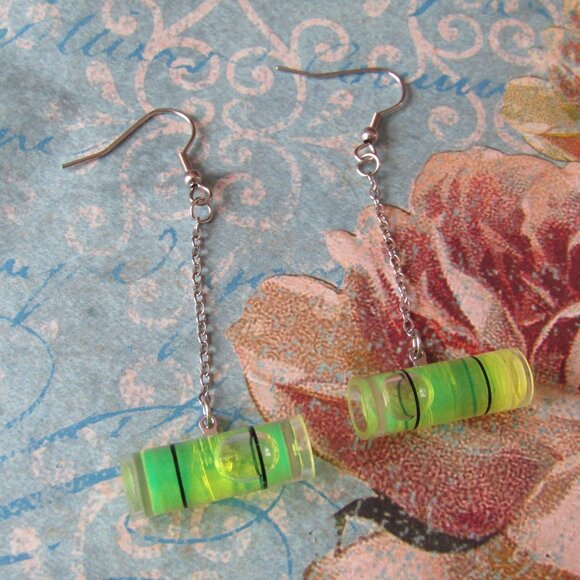 Spirit Bubble Level Long Chain Upcycled Funny Joke Earrings - Picture 1 of 4